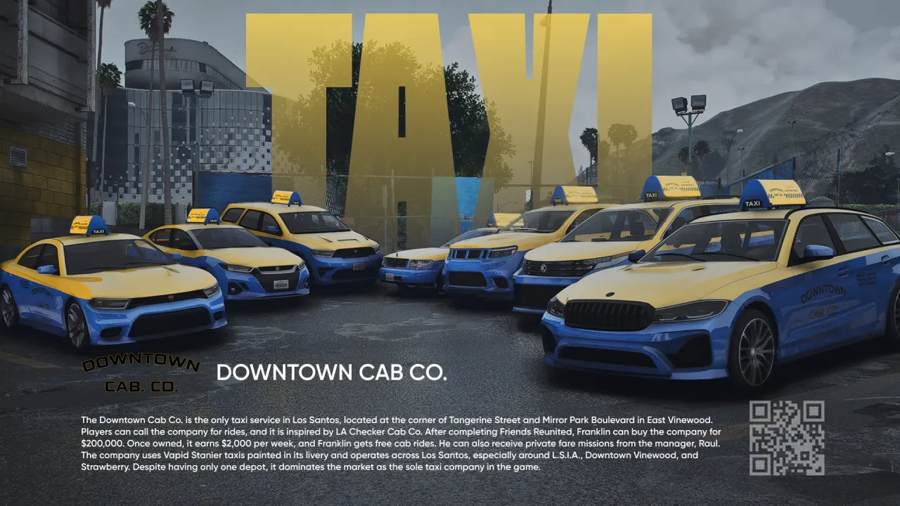 Lore-Friendly Taxi Bundle cover with yellow and blue Downtown Cab Co. taxis and their roof signs, made for FiveM