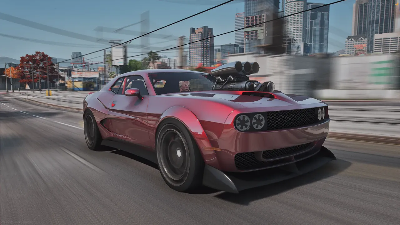 Bravado Gauntlet Hellfire TTS FiveM muscle car in candy red with a hood-mounted supercharger on a city road