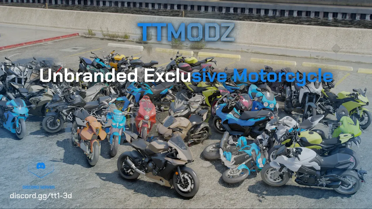 Blue, lime and black sport bikes lined up on the Unbranded Exclusive Motorcycle cover for FiveM servers