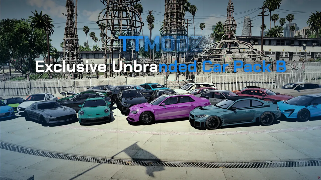 Purple, teal and grey cars drawn up before steel towers, the Unbranded Exclusive Car Pack B cover for FiveM