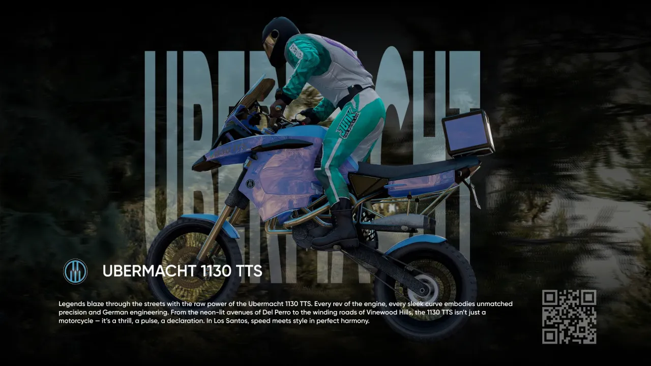 Ubermacht 1130 TTS cover, a rider in teal and white gear on a blue fivem sport bike in side profile
