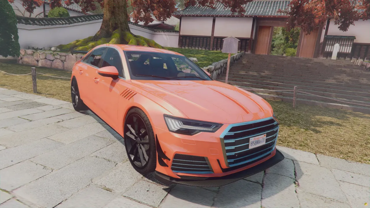 Orange Audi A6 55 TFSI 2022 FiveM car for GTA5 on black wheels, front three-quarter by a Japanese temple courtyard