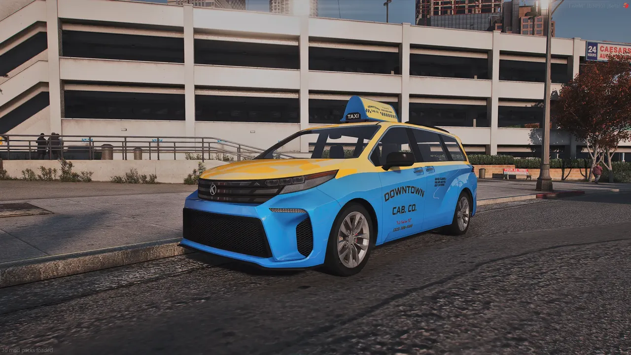Taxi Karin Vivanite in yellow and blue cab livery, a FiveM GTA5 minivan parked outside a multi-storey car park