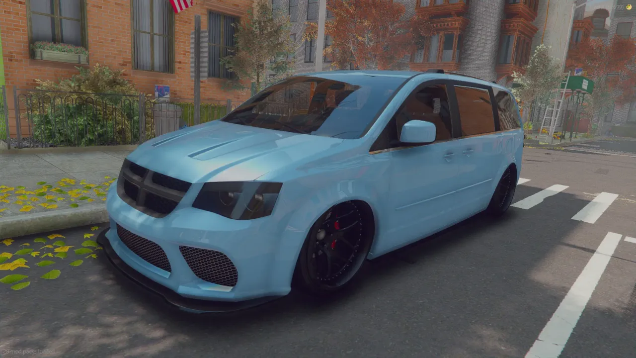 Dodge Grand Caravan 2018 FiveM minivan in light blue on black wheels, front three-quarter view on a city street