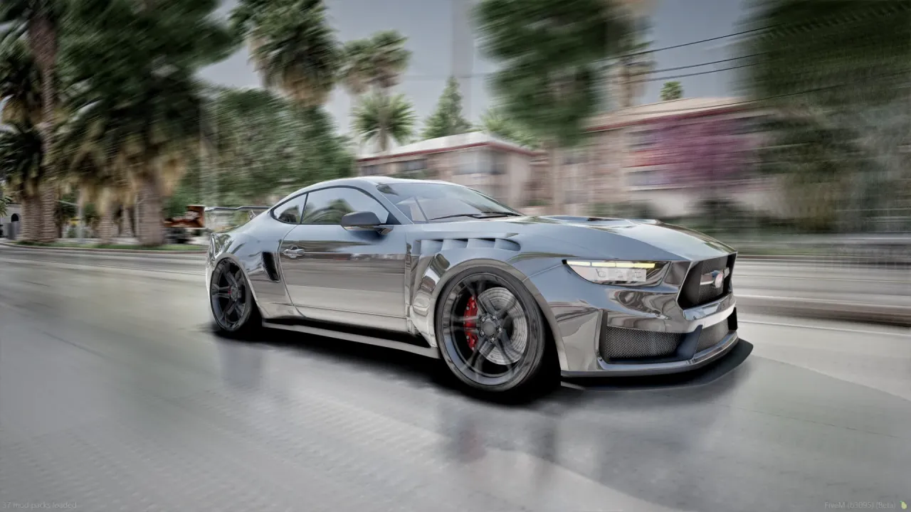 Vapid Dominator Black GT 24 in polished chrome with red brake calipers driving past palm trees