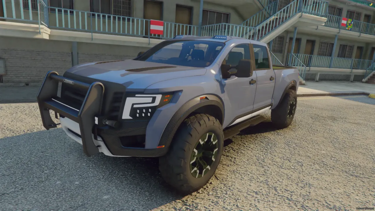 Nissan Titan Warrior 2016 FiveM pit truck in grey with push bar, off-road tires and small roof lights by a motel