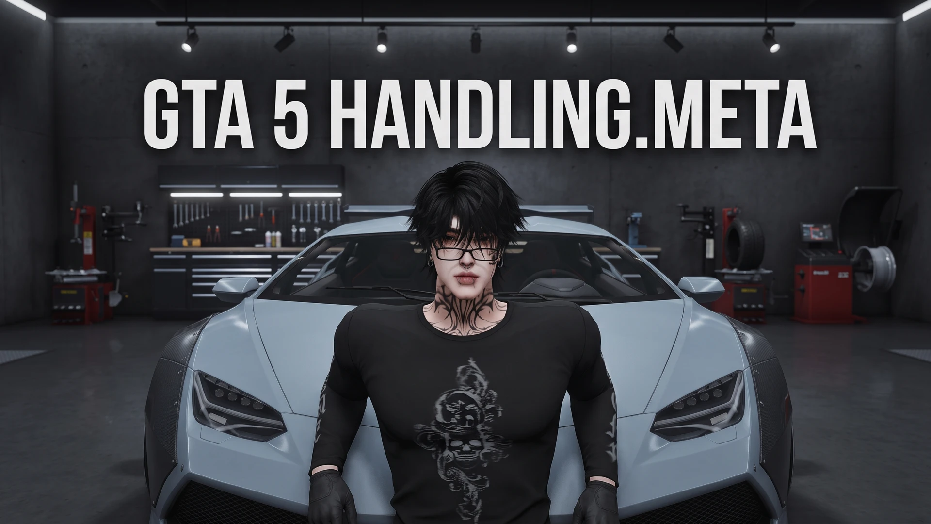GTA5 meta file cover variant: a man in glasses and a black tee before a pale blue supercar in a FiveM workshop