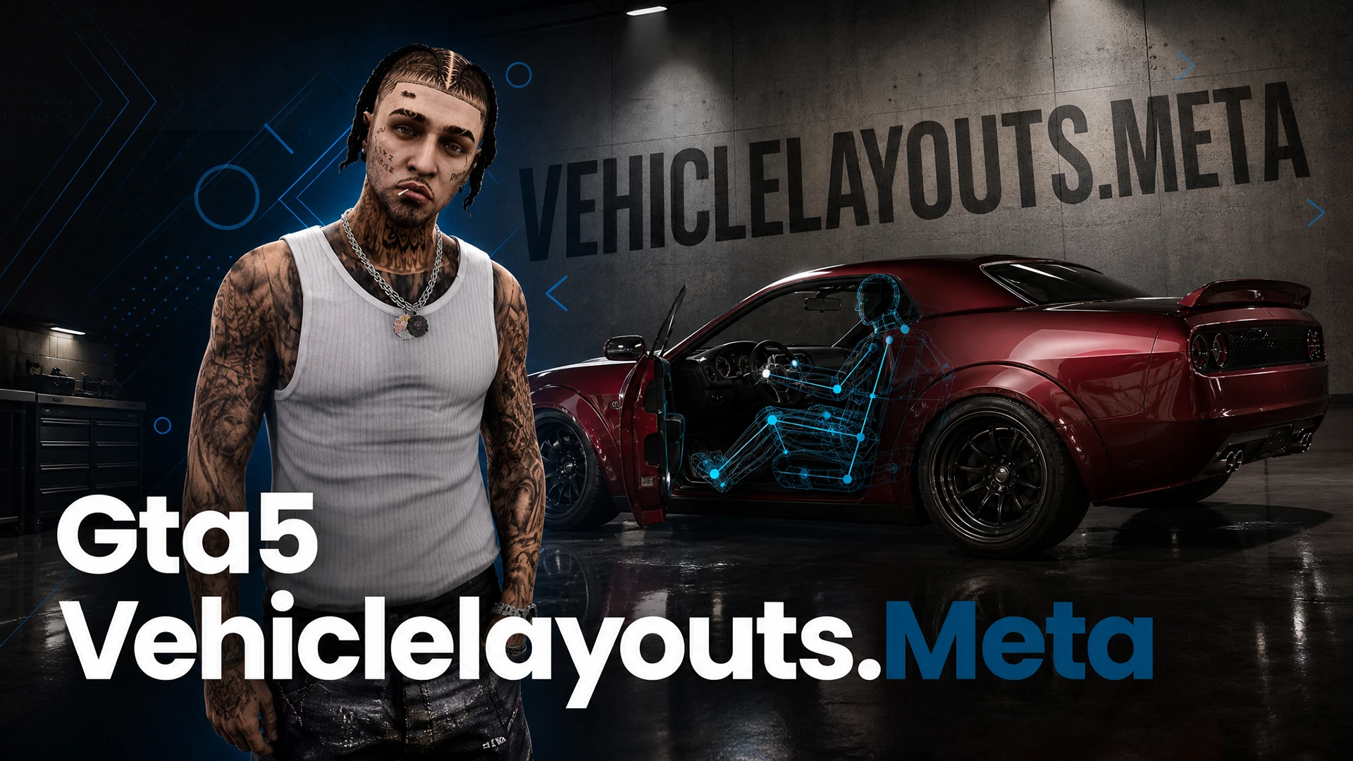GTA5 vehiclelayouts.meta cover art, a tattooed man beside a dark red FiveM coupe with a glowing seat skeleton