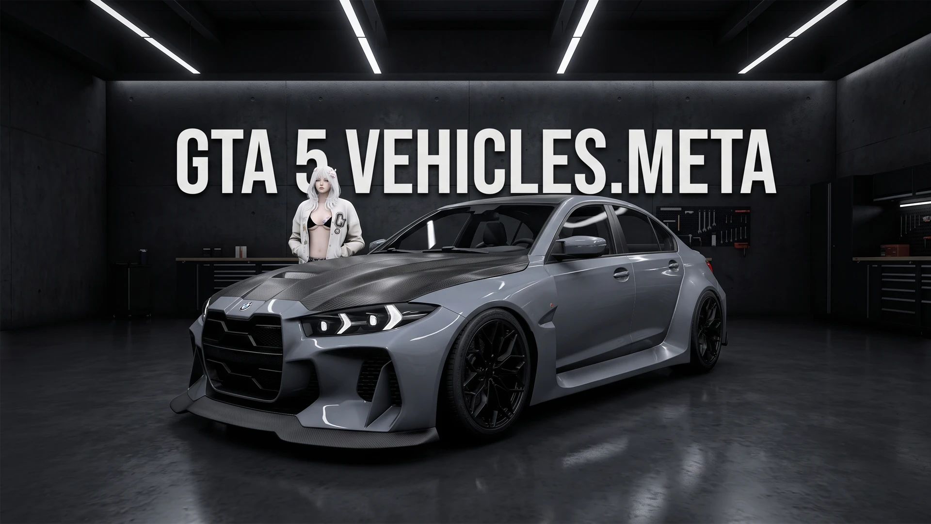 GTA5 vehicles.meta cover art, a grey widebody sedan and a woman in a white hooded jacket posed in a dark FiveM studio