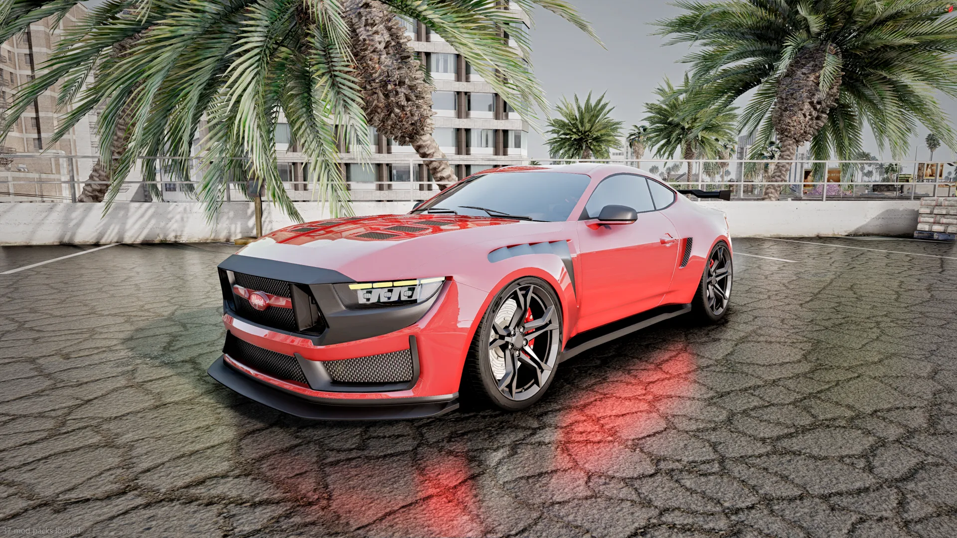 Vapid Dominator Black GT 24 FiveM car in coral red with a black front end under palm trees, front three-quarter view