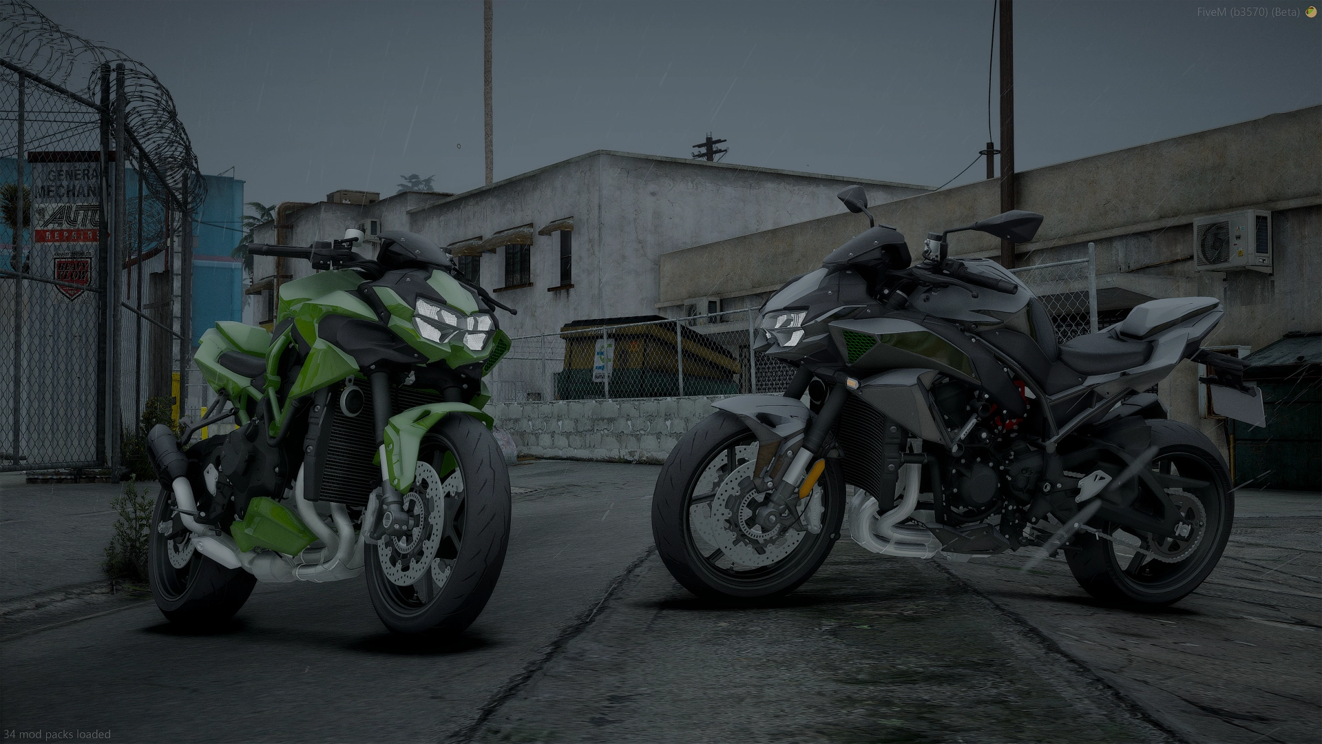 Kawasaki Z H2 (2020) FiveM naked bikes in green and black beside a fenced lot under an overcast sky