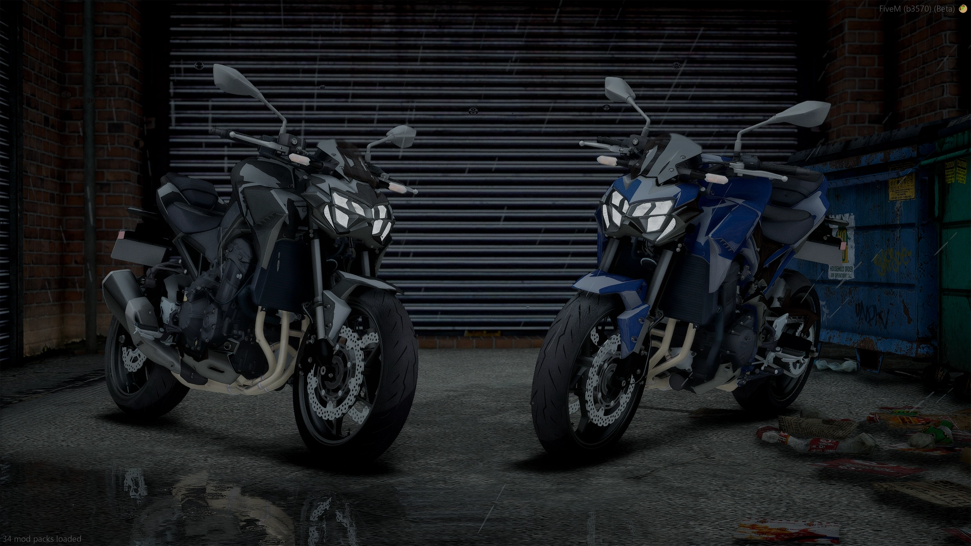 Kawasaki Z900 (2021) FiveM naked bikes in black and blue with LED headlights before a roller shutter