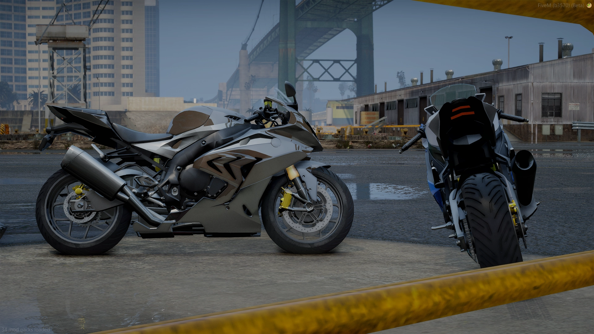 Silver BMW S 1000 RR (2015 - 2018) in side profile for FiveM, a second bike from the rear under a steel bridge