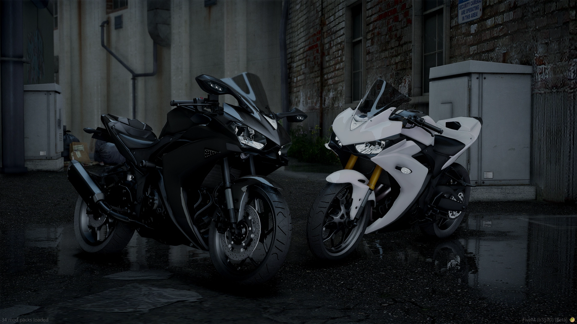 Yamaha YZF-R3 (2015 - 2018) FiveM sportbikes in black and white in a dark wet alley at dusk