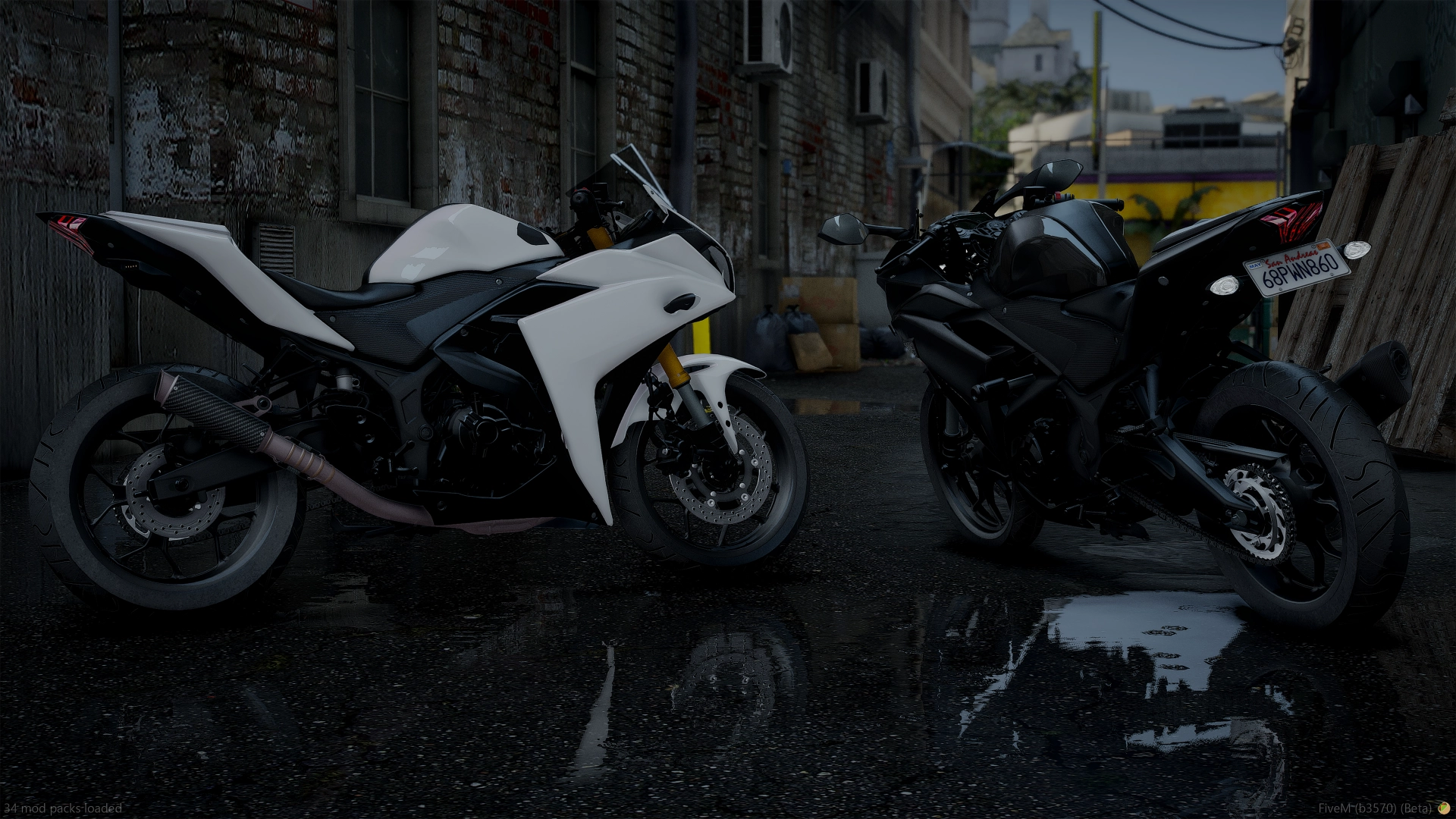 Yamaha YZF-R3 (2015 - 2018) white bike side profile with the black one behind by puddles in a brick alley
