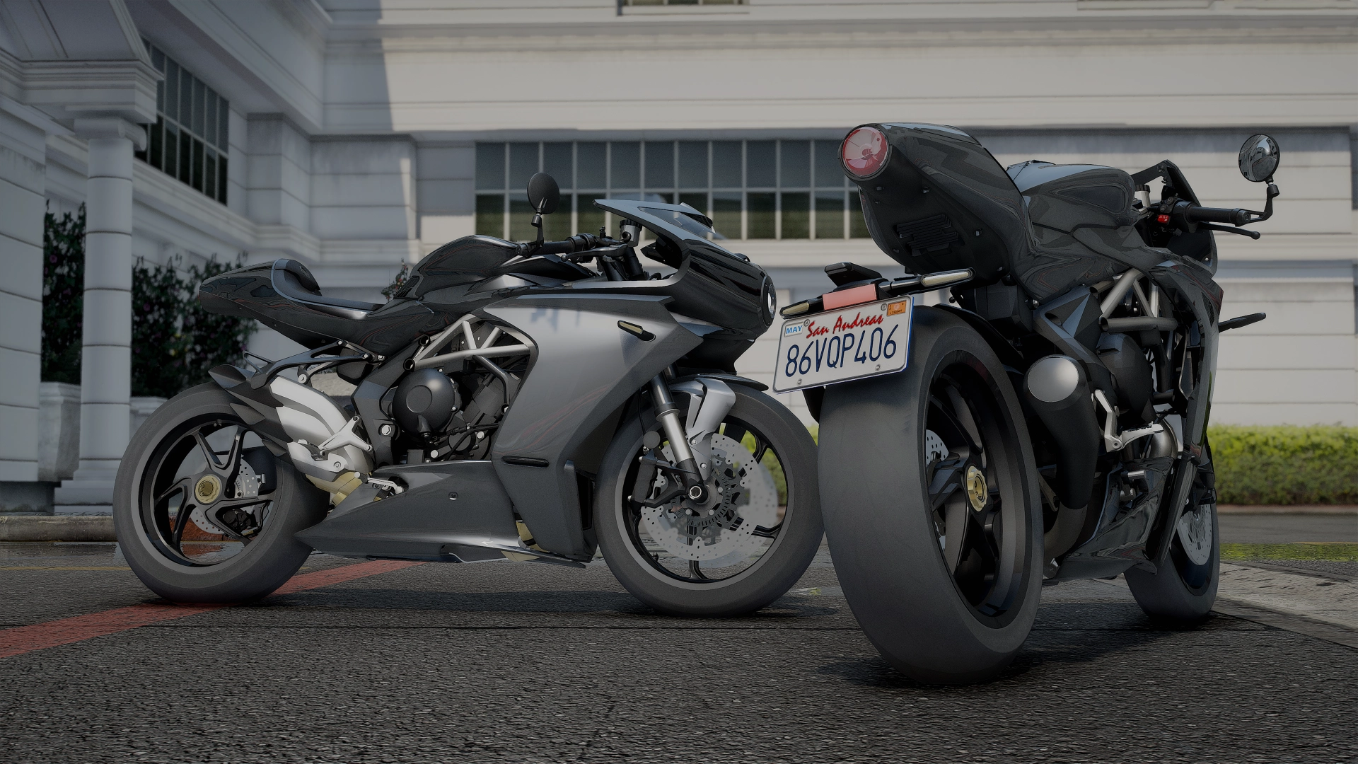 MV Agusta Superveloce (2021 - 2026) silver side profile and black rear view before a white colonnade