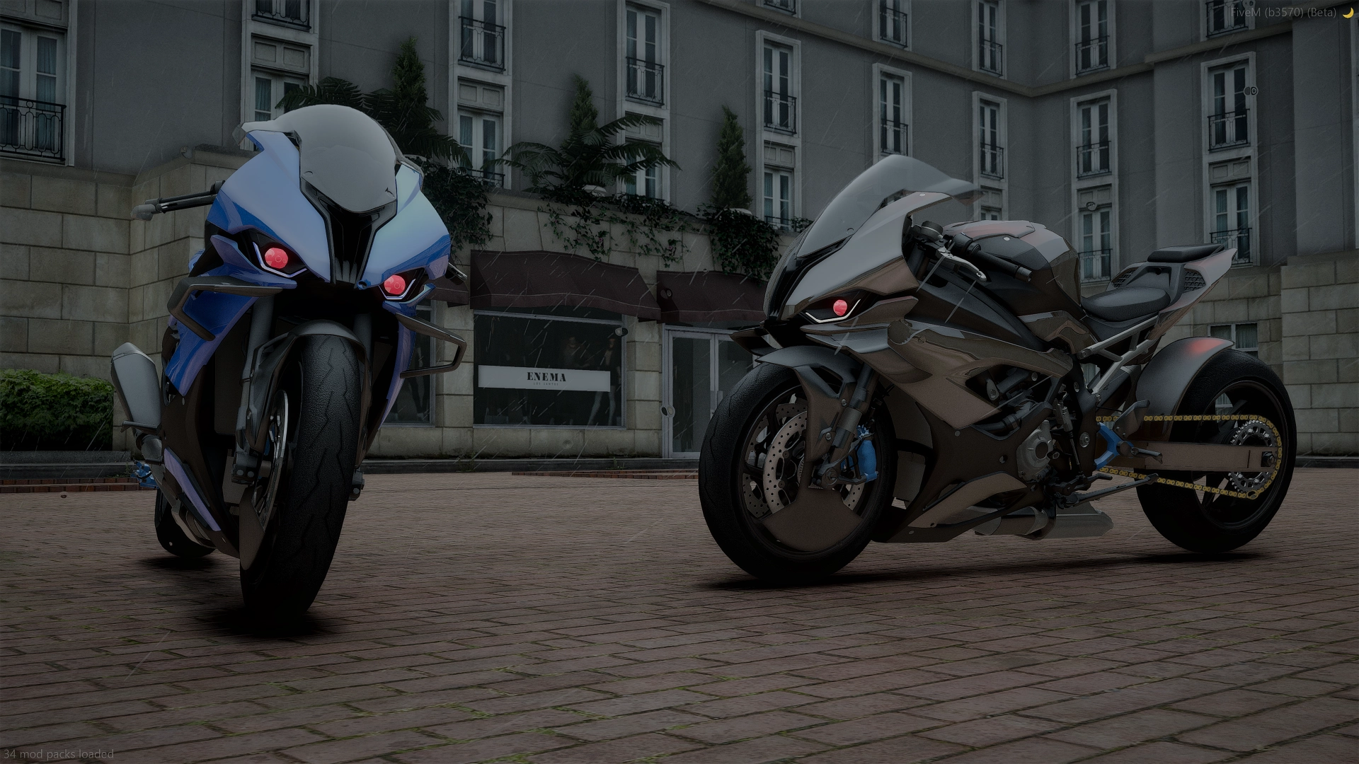BMW M 1000 RR (2024) FiveM superbikes in blue and dark grey with red eye lights on a brick plaza