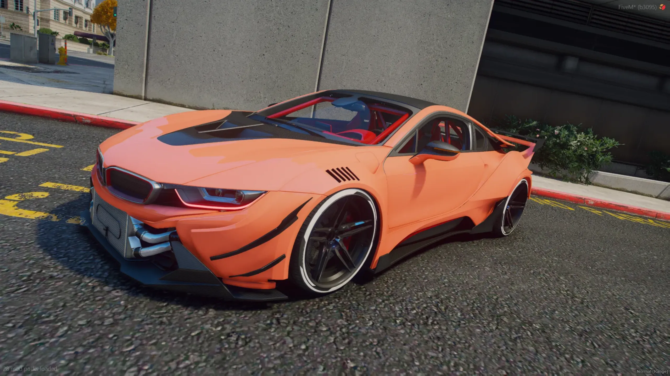 BMW i8 Custom Edition FiveM widebody in coral orange, front three-quarter on a street with yellow markings