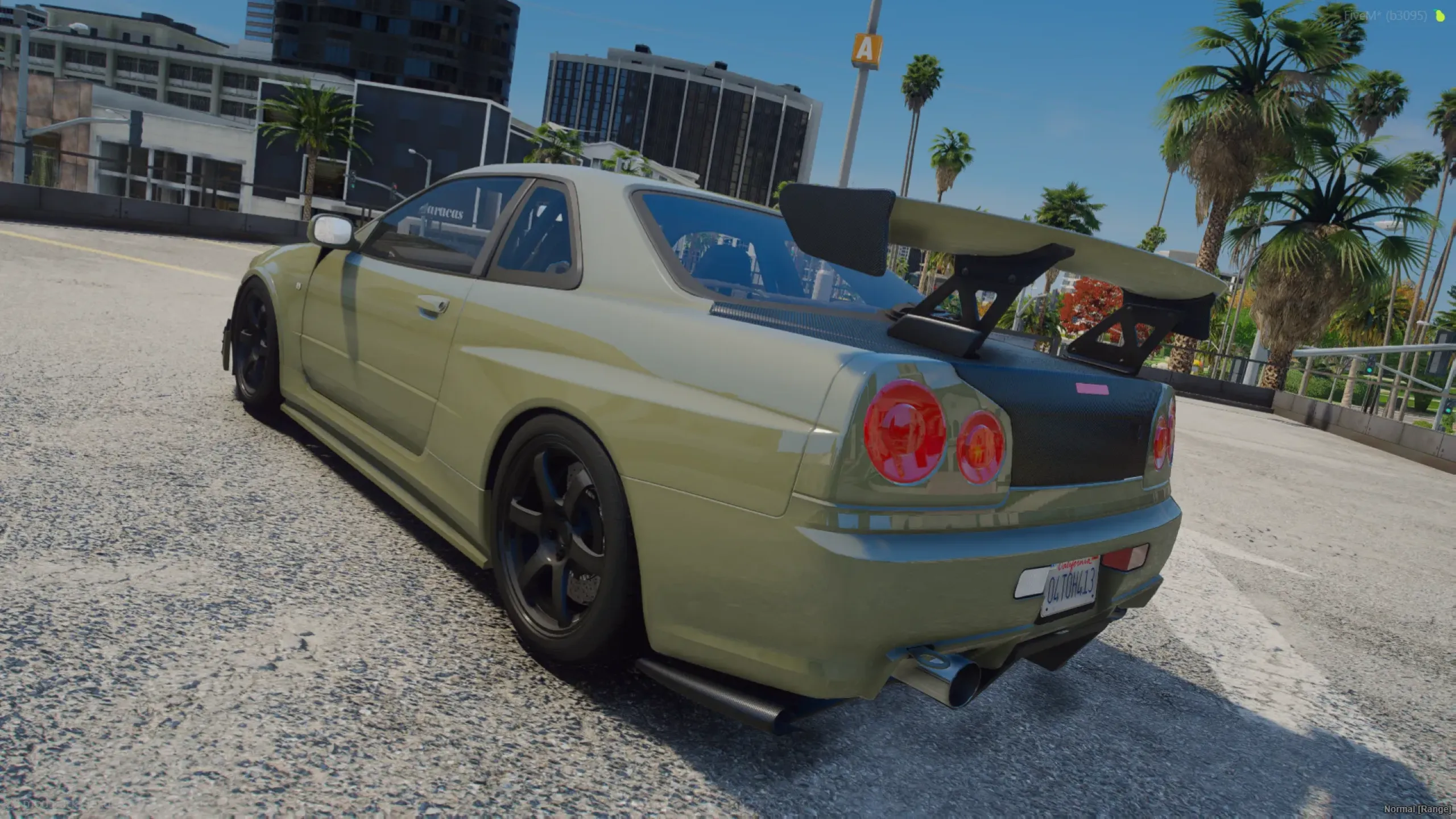 FiveM Nissan Skyline R34 2002 shown from the rear three-quarter with a tall GT wing and carbon trunk under palms