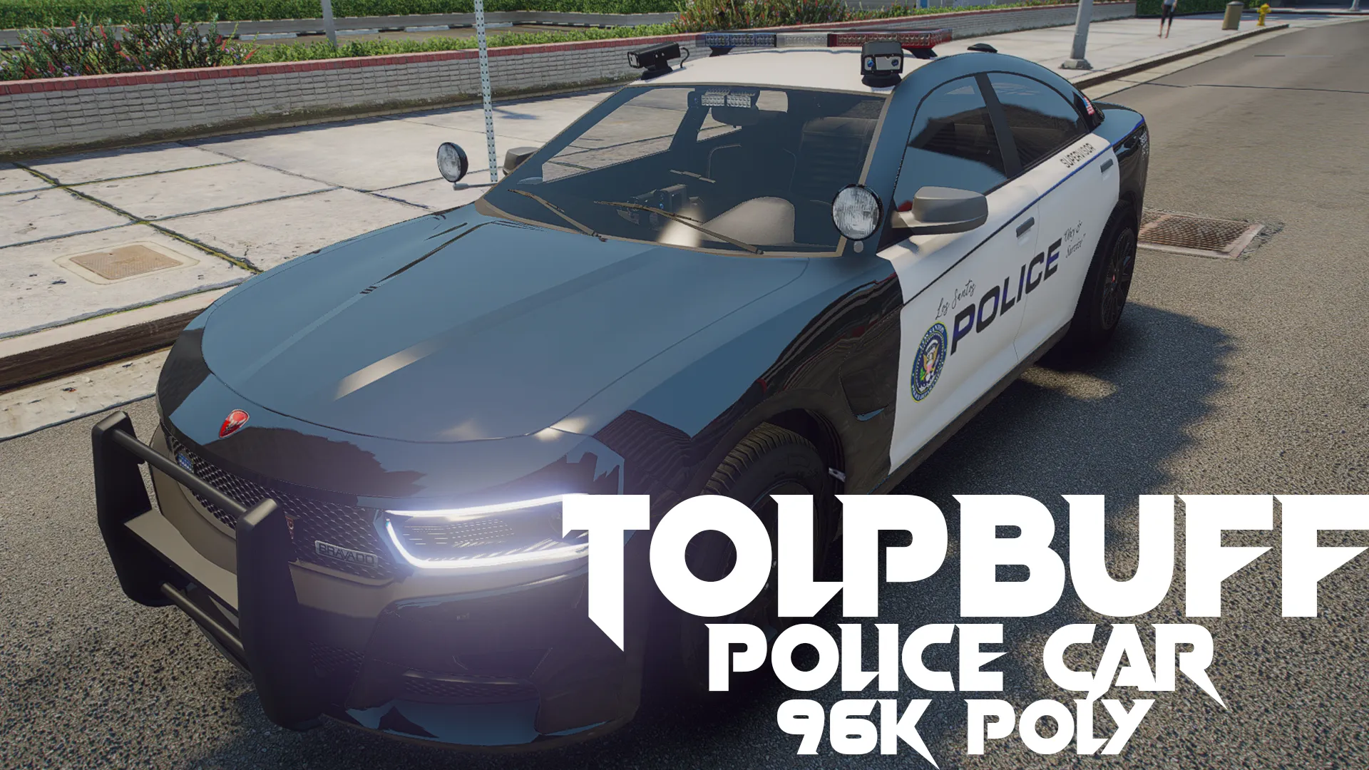 Police Buffalo V1 FiveM patrol car in black and white police livery with push bar on a city street