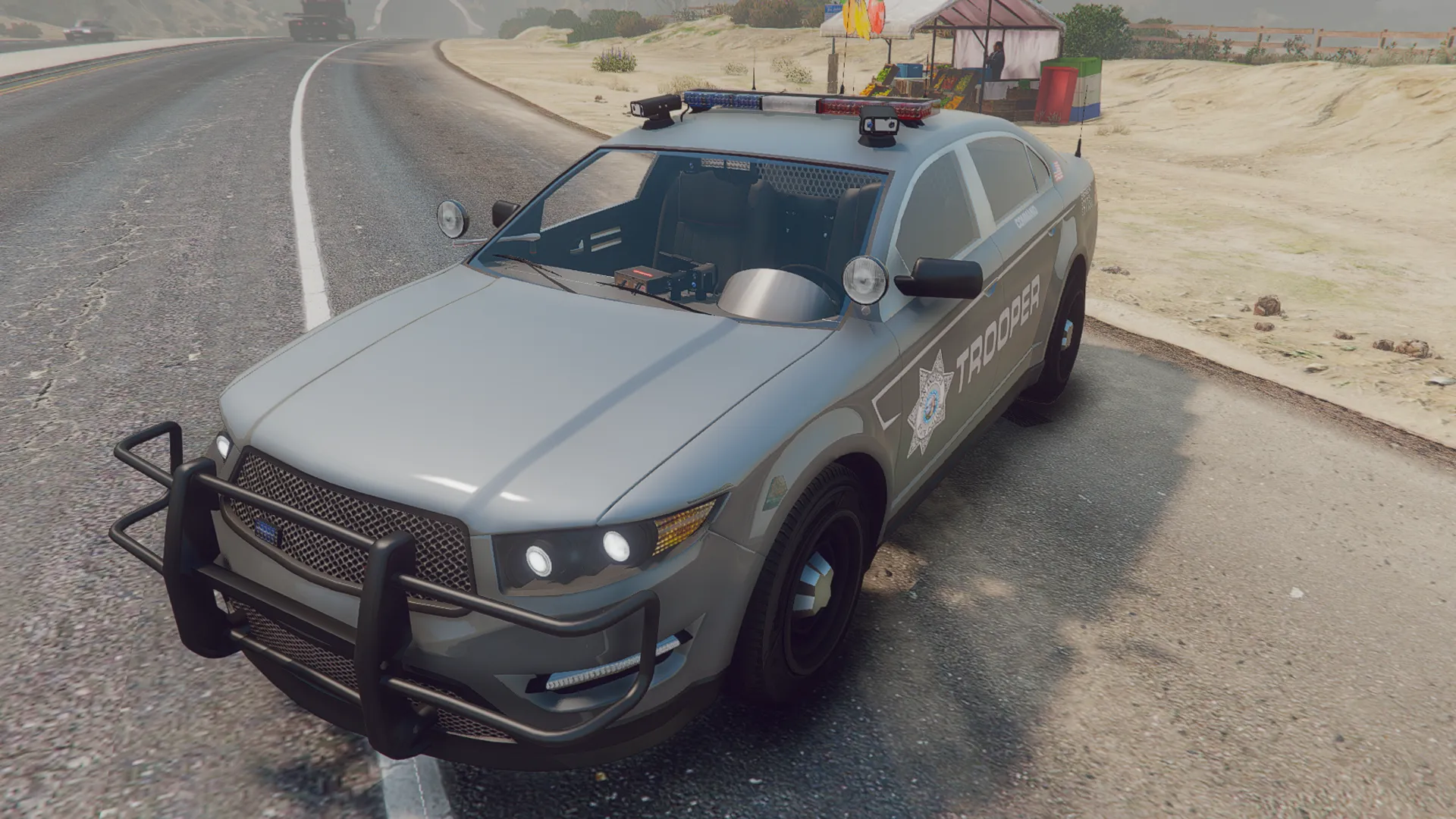 Police Cruiser V1 in grey Trooper livery with push bar and roof lightbar, out on a FiveM desert highway