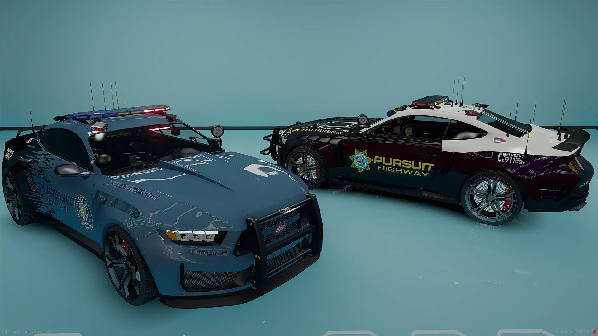 Two Vapid Dominator Black GT 24 FiveM units framed from overhead, push bar, roof lightbars and antennas on a teal floor