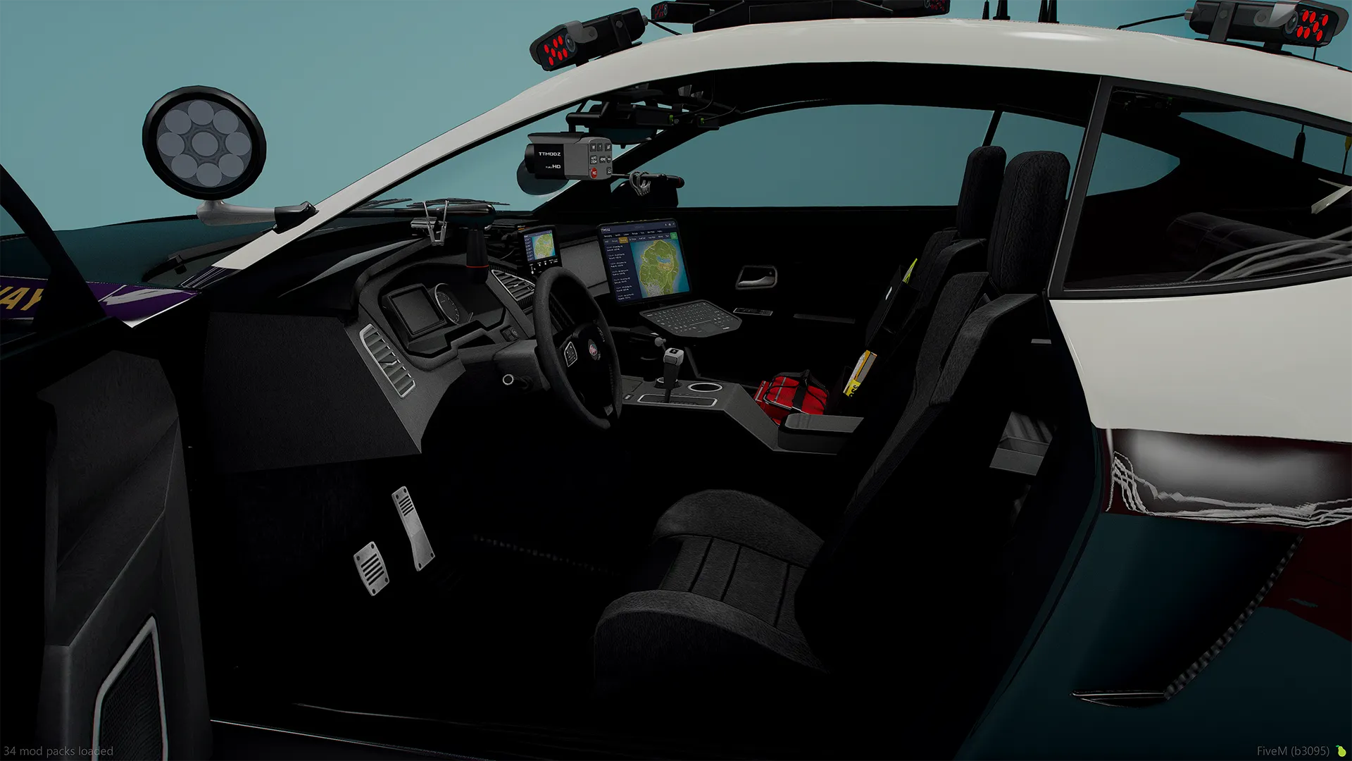Vapid Dominator Black GT 24 FiveM police cabin, open door showing the laptop, manual shifter and black sport seat