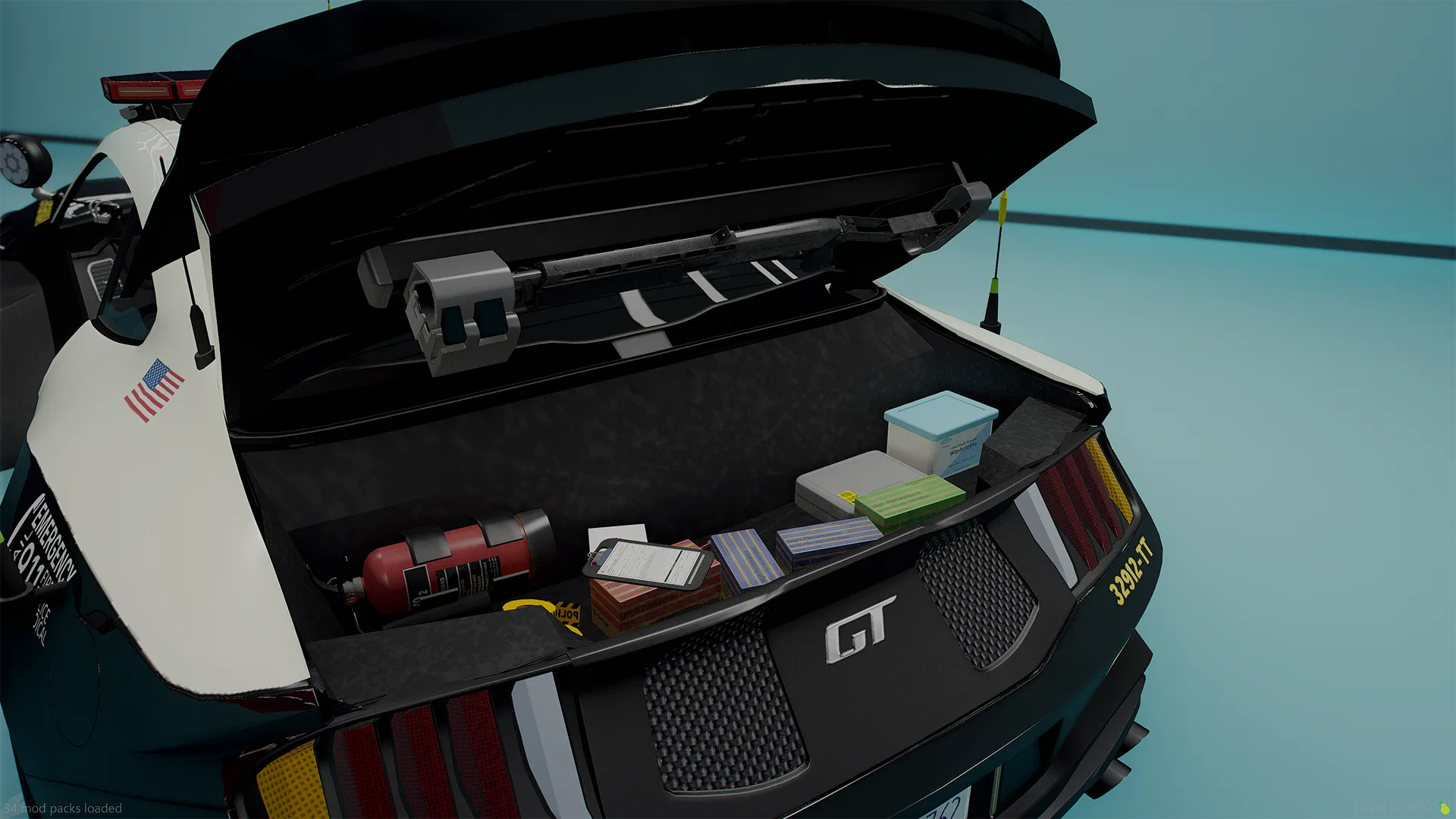 Open trunk of the Vapid Dominator Black GT 24 FiveM car with GT badge, fire extinguisher, crates and storage boxes