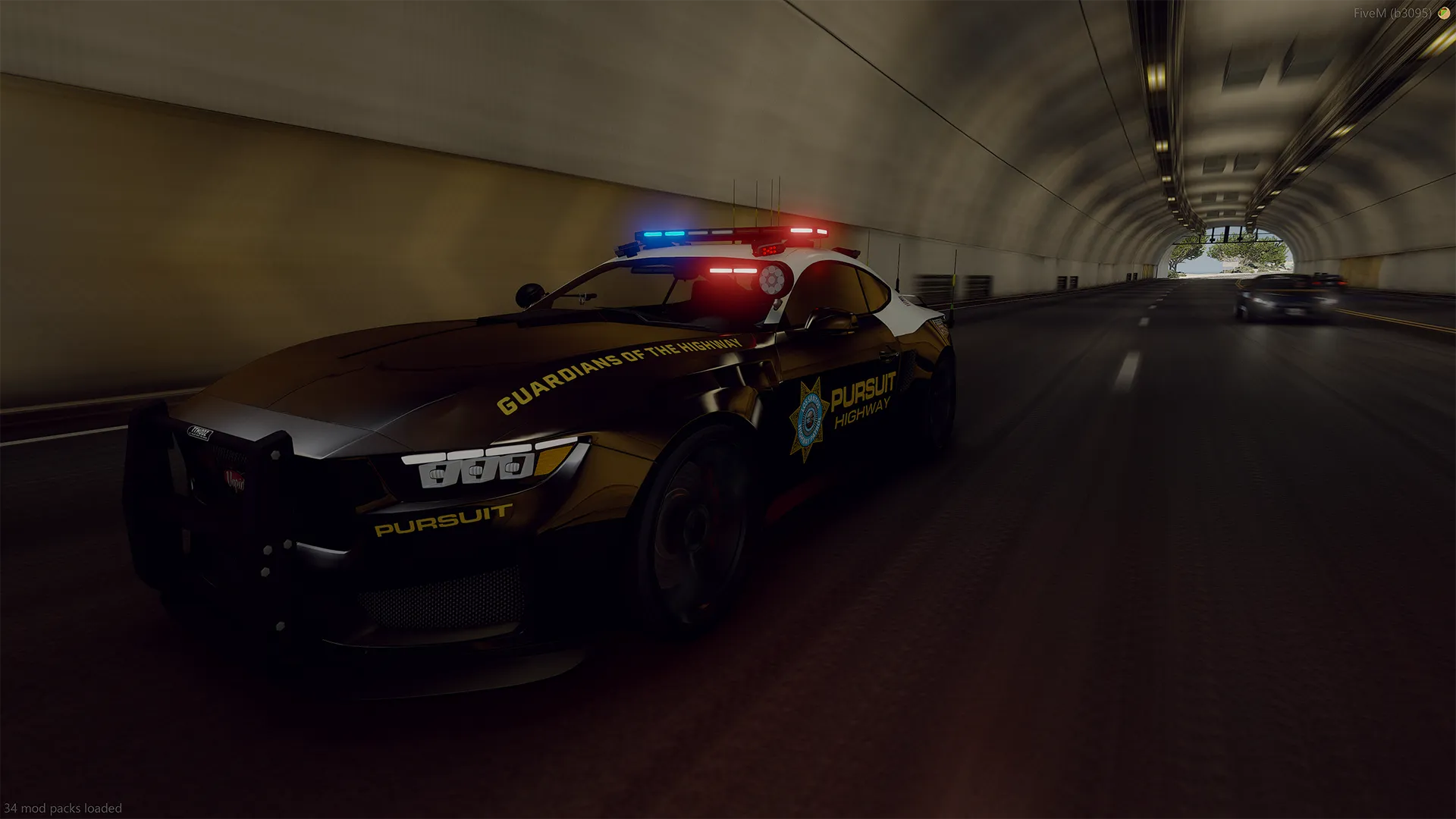 Vapid Dominator Black GT 24 FiveM car in black Pursuit Highway livery reading Guardians of the Highway, dark tunnel