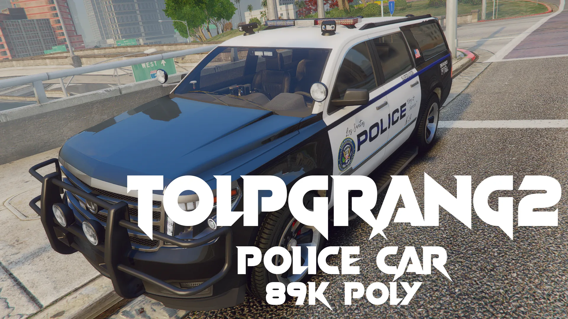 Police Granger V1 FiveM SUV in black and white police livery with push bar, front three-quarter near a bridge