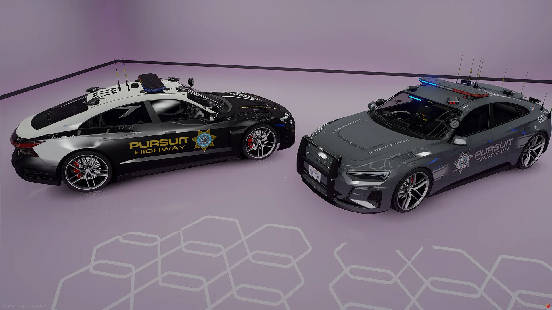 Obey Omnis e-GT pair from above showing roof lightbars, push bar and Pursuit Highway and Trooper markings