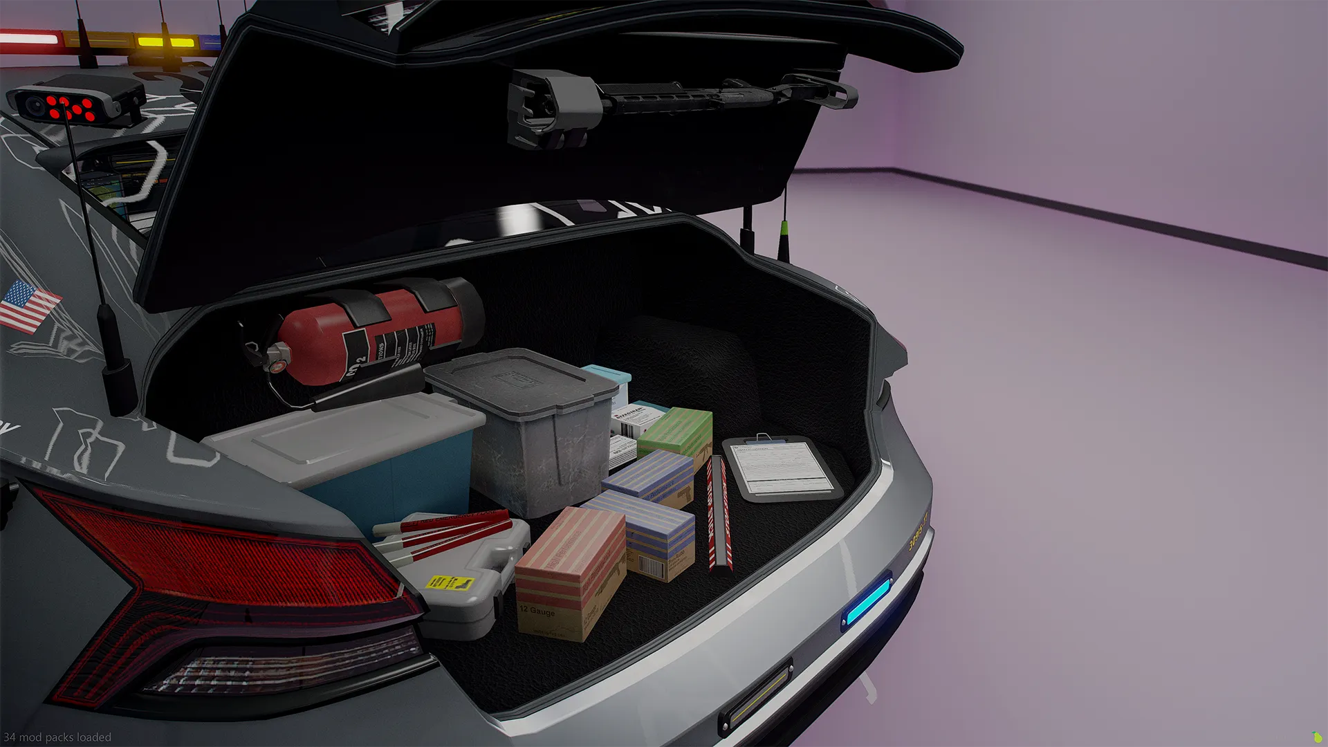 Obey Omnis e-GT open trunk loaded with fire extinguisher, gear crates and evidence boxes
