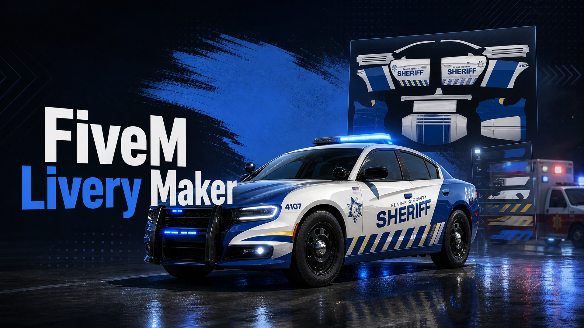 Careers banner for the FiveM Livery Maker role, a white and blue sheriff patrol car, template sheets and an ambulance