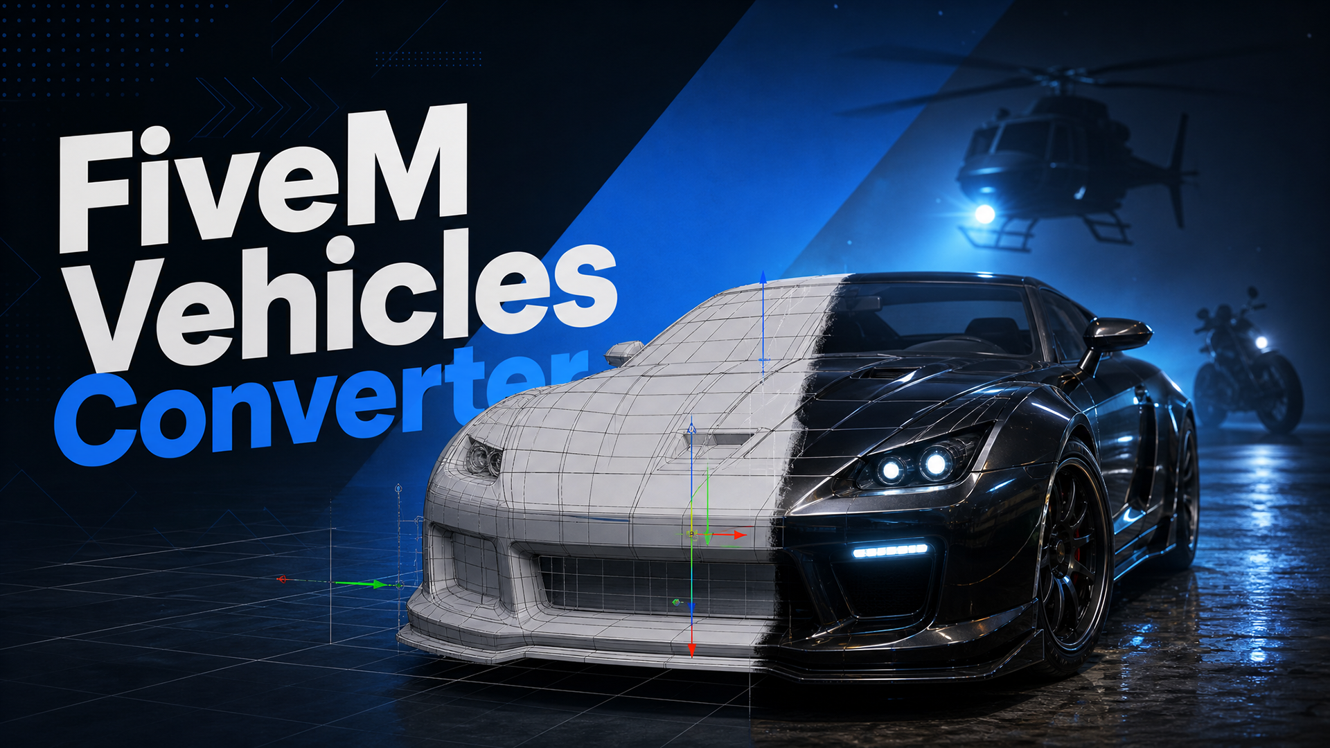 Careers banner for the FiveM Vehicles Converter role, showing a half-wireframe sports car, a helicopter and motorbike