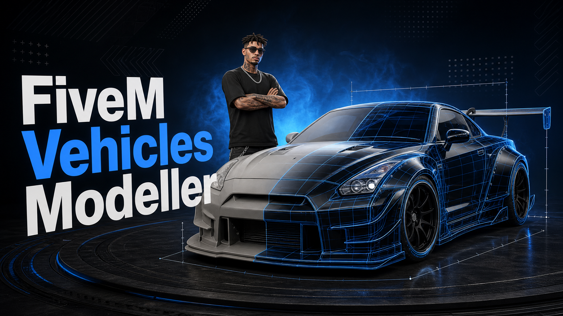 Careers banner for the FiveM Vehicles Modeller role, a man in a black tee beside a widebody car half in blue wireframe