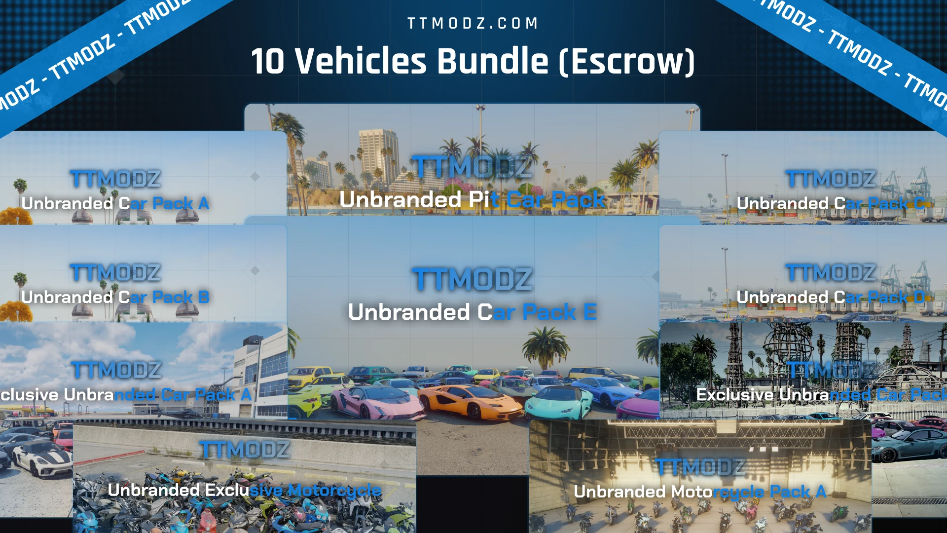 10 Vehicles Bundle Escrow cover, a fivem mega car pack collage of car and motorcycle pack previews