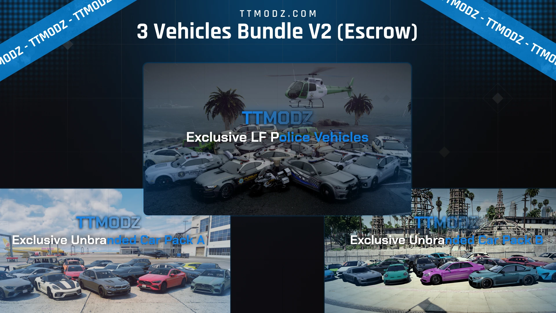 3 Vehicles Bundle V2 cover for a FiveM police car bundle, a helicopter above patrol cars and two pack previews