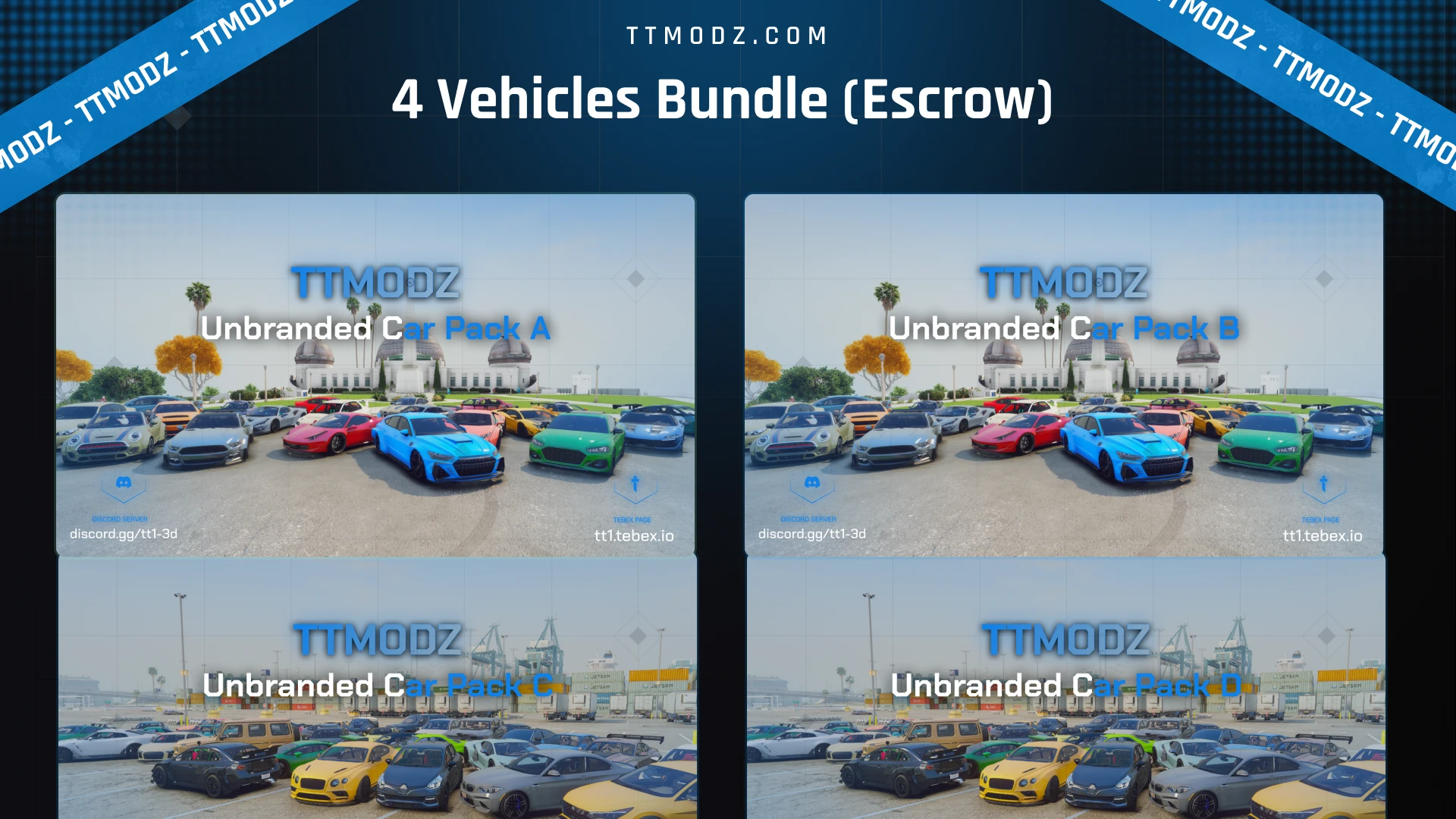 4 Vehicles Bundle cover for a FiveM 200 car pack, four tiles of colorful parked cars from each pack