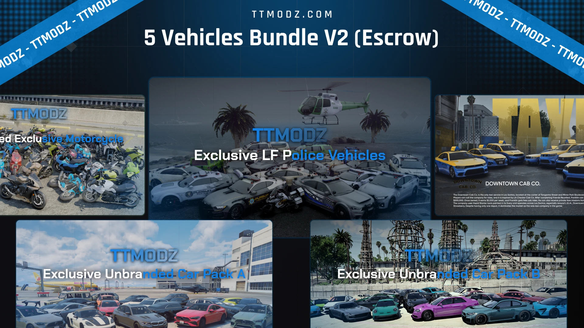 5 Vehicles Bundle V2 cover, a fivem city fleet pack collage of police, taxi, motorcycle and car pack previews