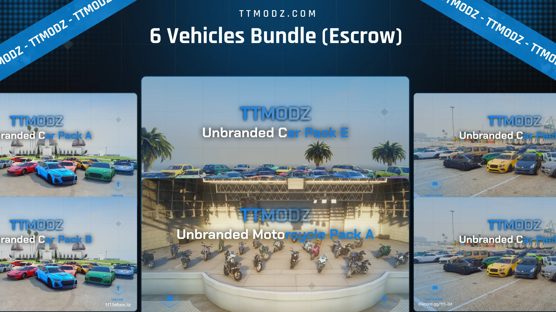 6 Vehicles Bundle Escrow cover, a fivem car and motorcycle pack collage of car lots and a motorcycle showroom