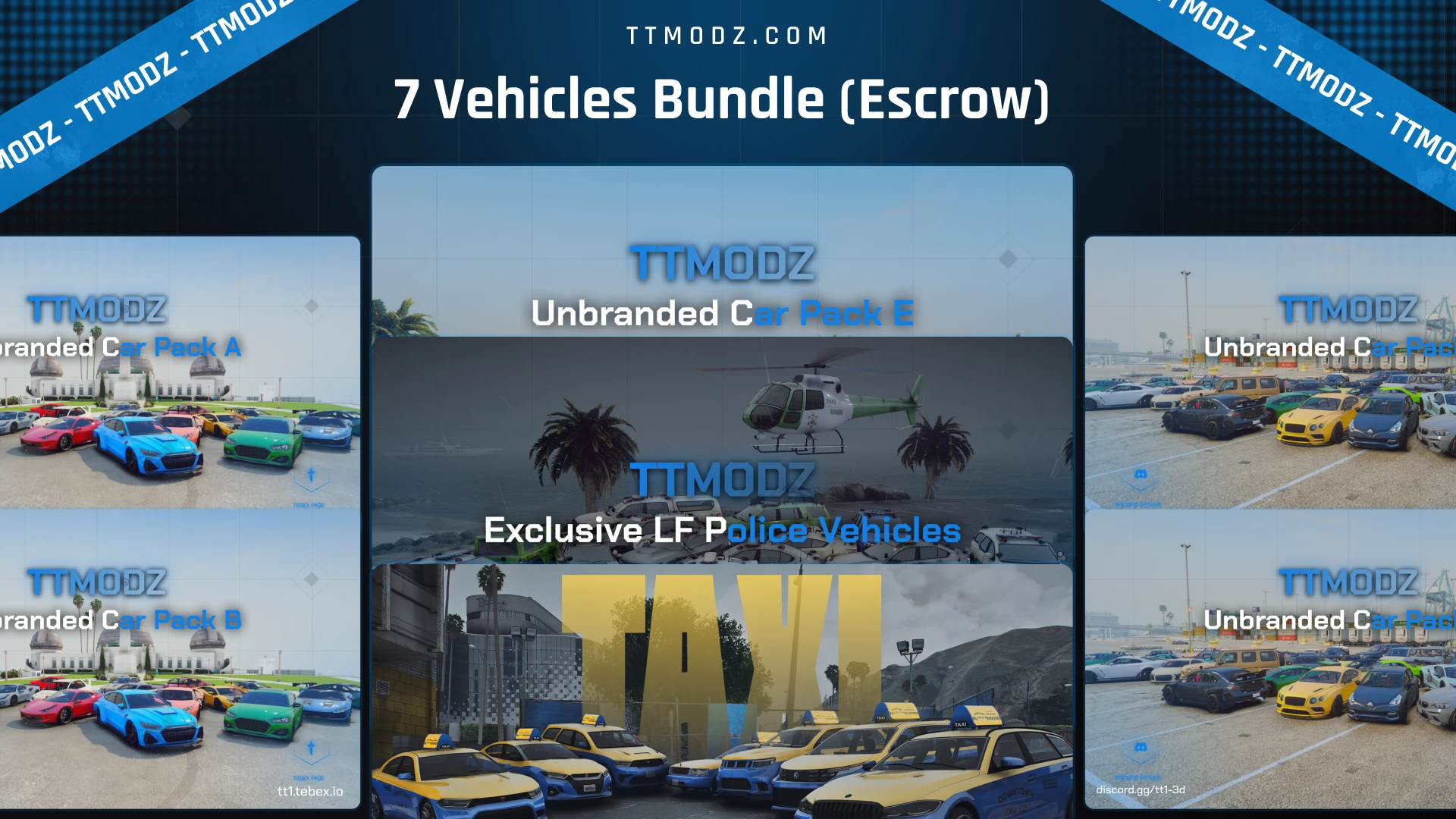 7 Vehicles Bundle cover, a fivem roleplay vehicle pack collage of car packs, police helicopter and yellow taxi previews