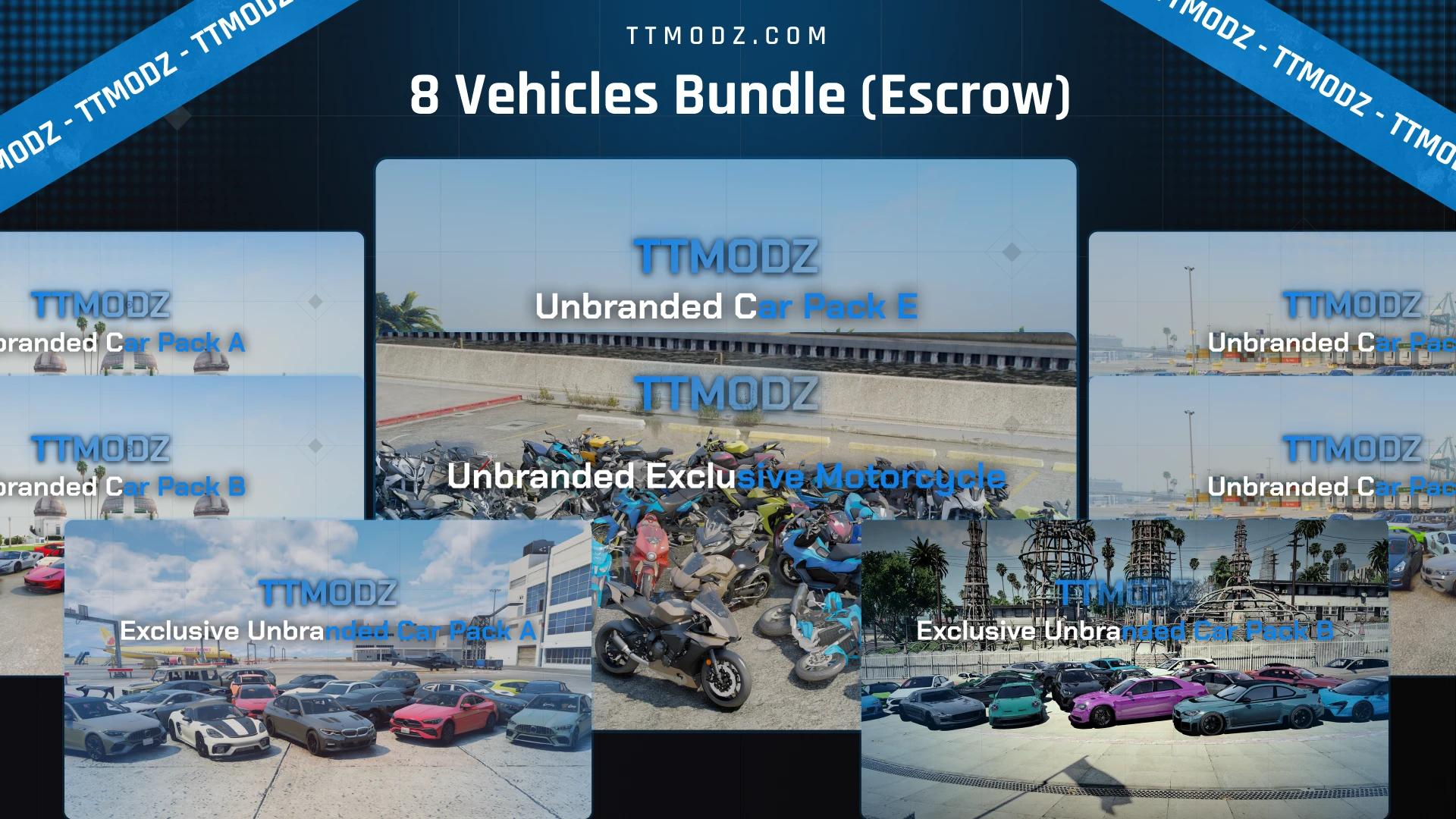 8 Vehicles Bundle cover, a FiveM car pack bundle collage built from car and motorcycle pack previews