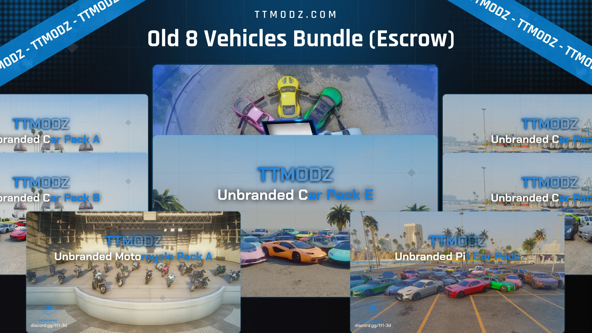 Old 8 Vehicles Bundle cover, a fivem mega bundle collage of car pack tiles, a motorcycle showroom and parking lots