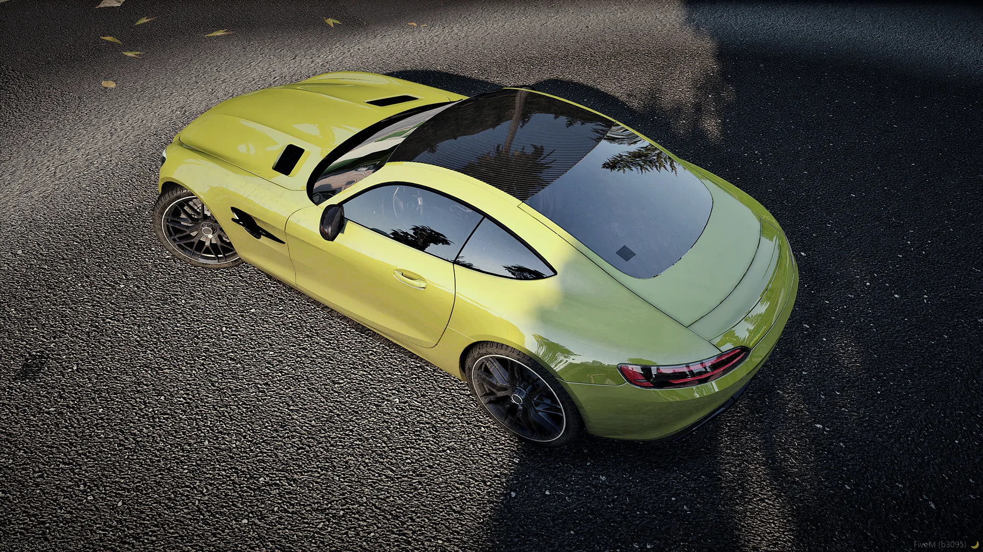 Mercedes-AMG GT (C190) FiveM coupe in yellow-green with dark wheels, top-down view on asphalt
