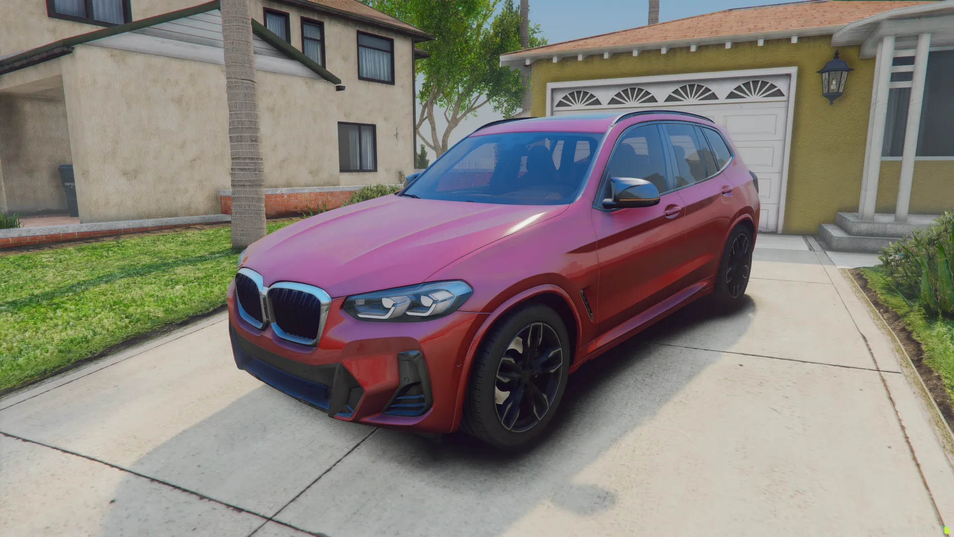 BMW X3 2023 FiveM SUV in red with black wheels, front three-quarter view on a suburban driveway
