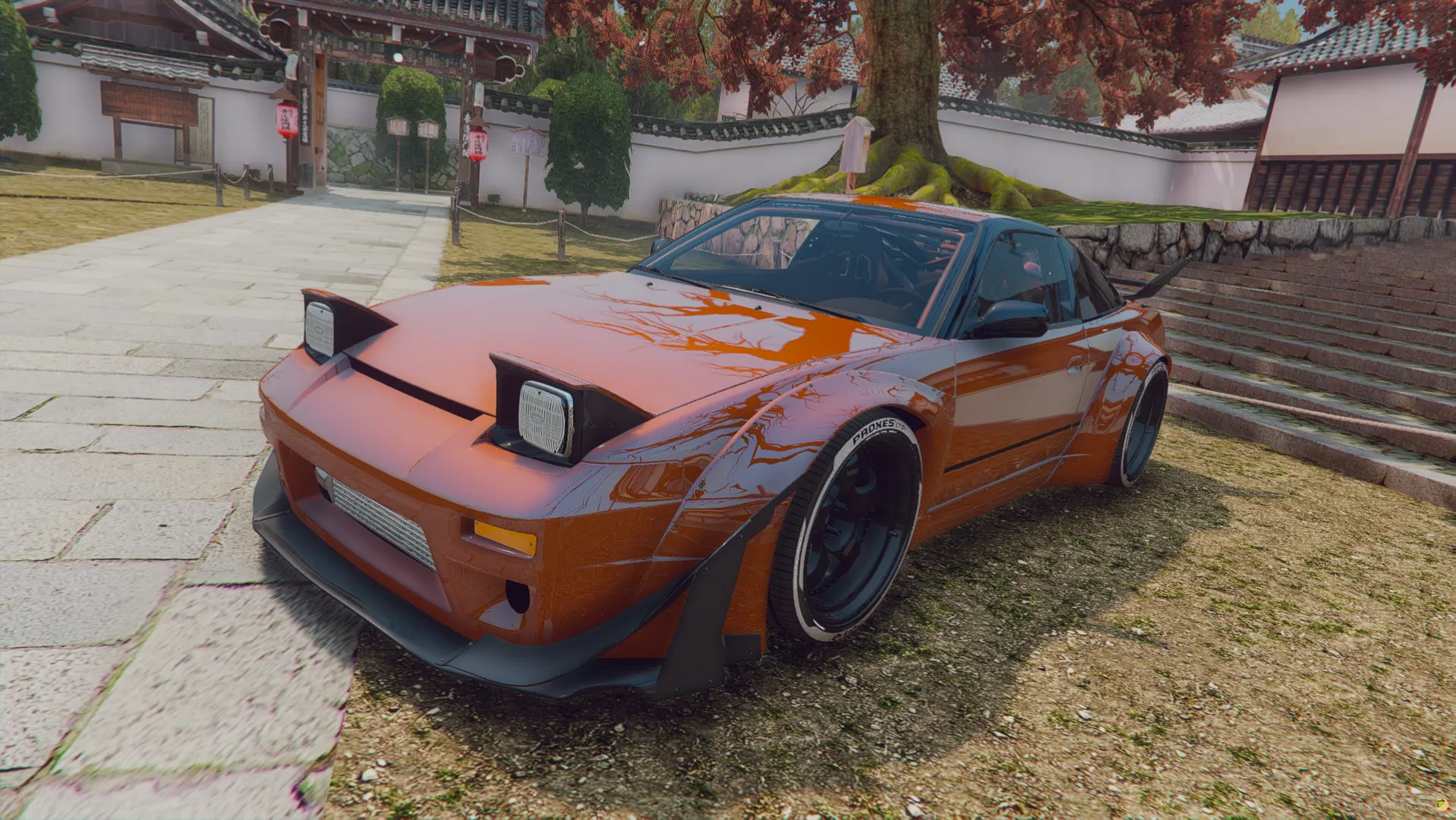 Nissan 240 SX 1994 FiveM car in burnt orange widebody with pop-up headlights raised, front view in a temple courtyard