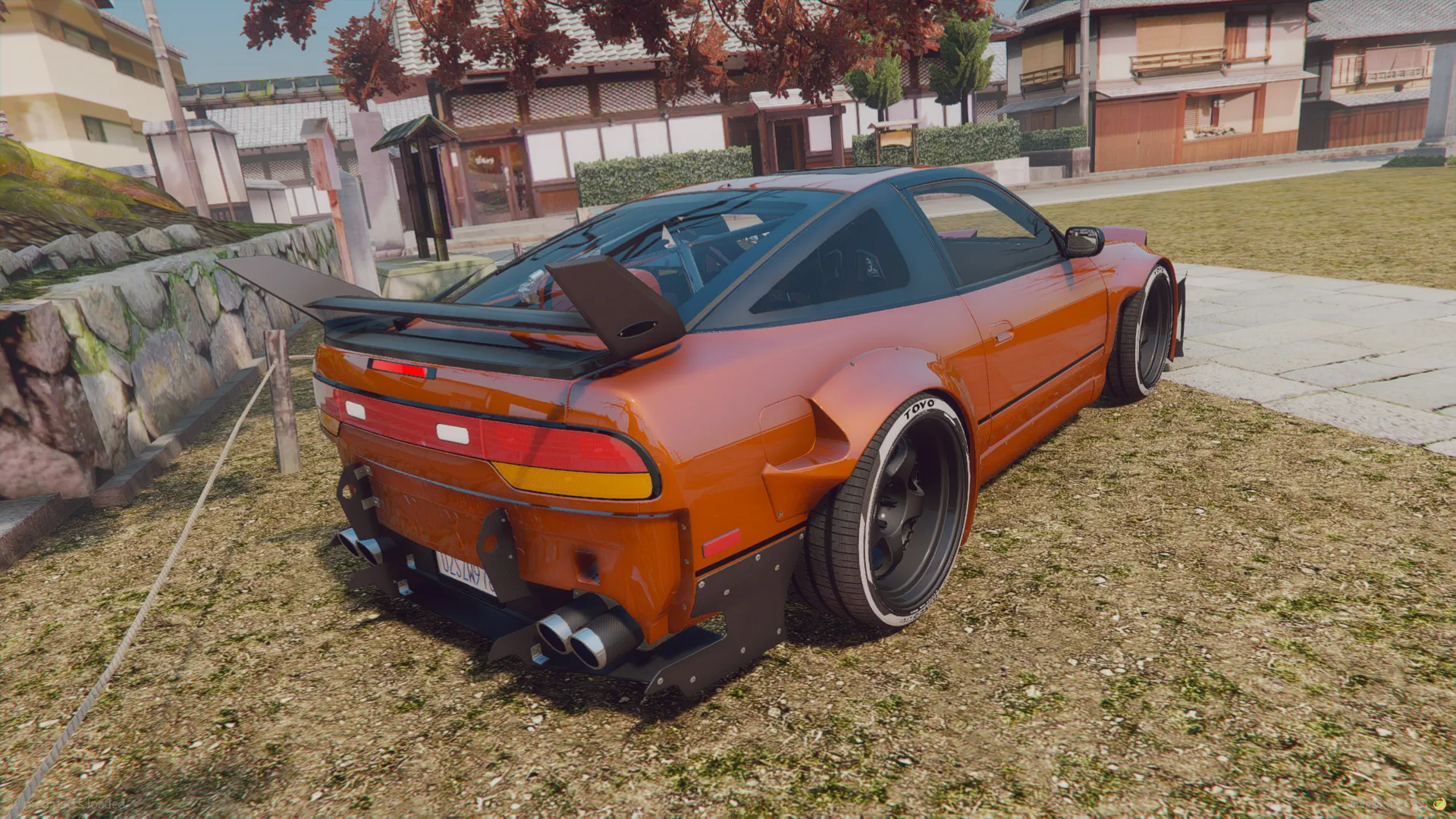 Nissan 240 SX 1994 rear three-quarter view in burnt orange with ducktail spoiler and stretched tires on grass