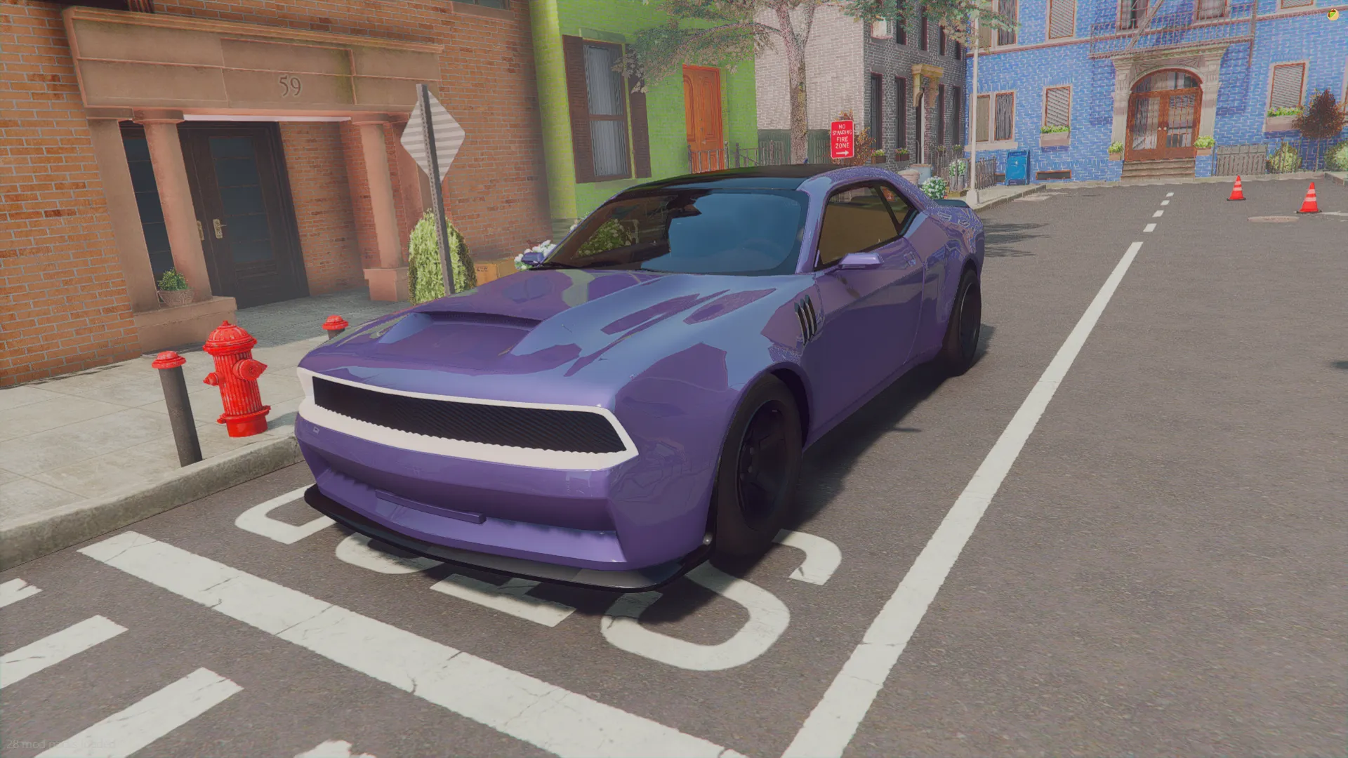 Dodge Demon v1 2024 FiveM car in purple with a white grille outline, front three-quarter view in a street parking bay