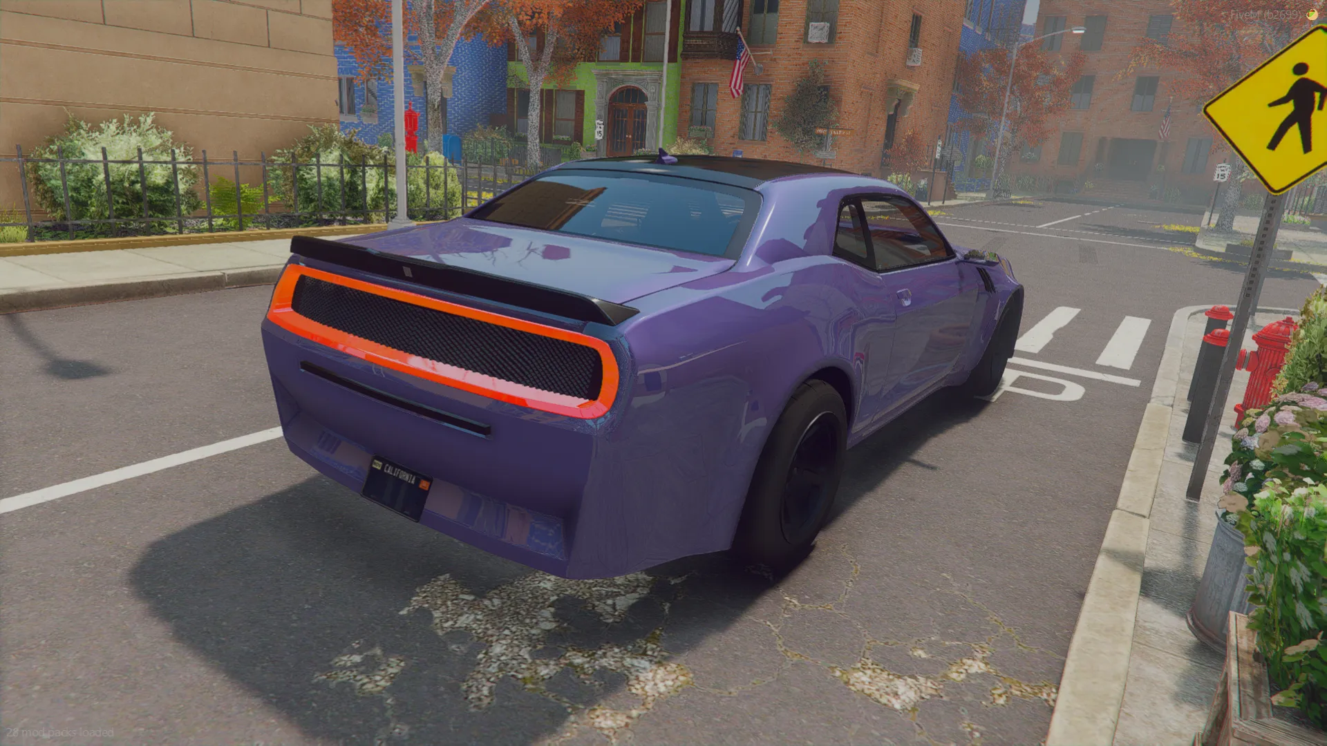 Orange-trimmed tail panel on the FiveM Dodge Demon v1 2024, rear three-quarter near a pedestrian crossing sign