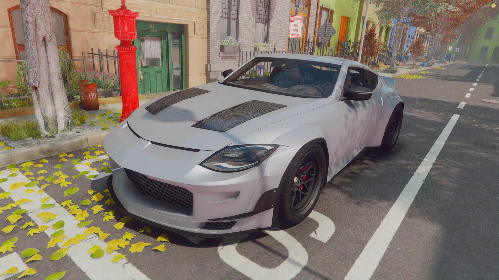 2022 Nissan 400Z V2 FiveM car in silver with black hood vents parked beside a red hydrant and fallen leaves